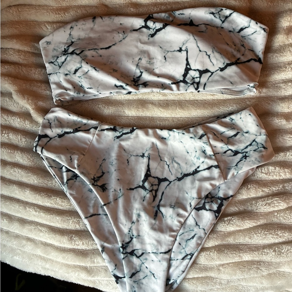 Zaful Marble Print Bikini Set - Black and White